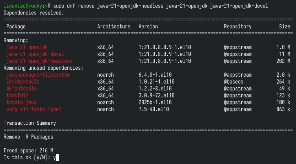 Uninstall Java on Rocky Linux 10.
