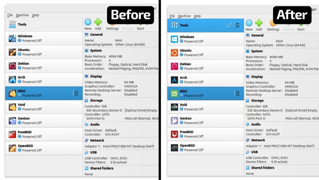 VirtualBox with custom icons for guest VMs.