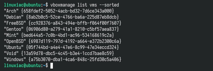 List of available VirtualBox VMs.