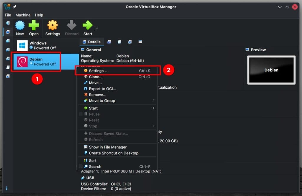 Opening VirtualBox's VM settings