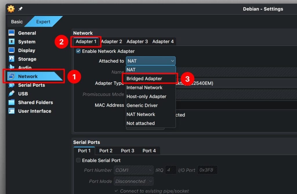 Switching a VirtualBox VM’s network adapter over to bridged mode.