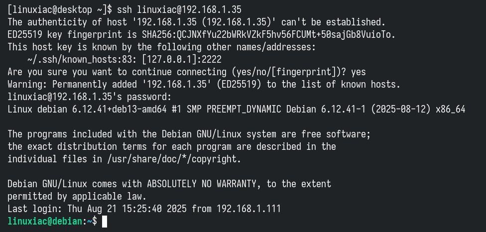 Successfully connected to the VirtualBox Linux VM over SSH.