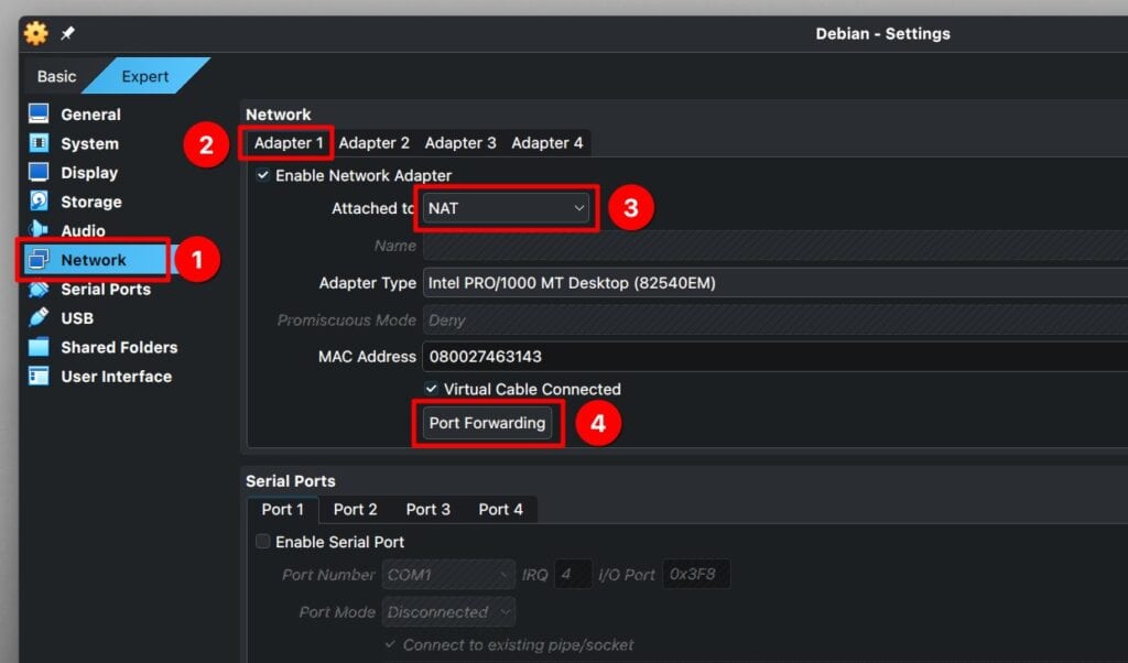 Setting a VirtualBox VM’s network adapter for NAT + port forwarding.