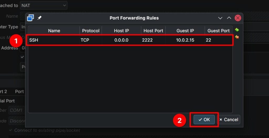 Setting a port forwarding rule for a Linux guest VM.