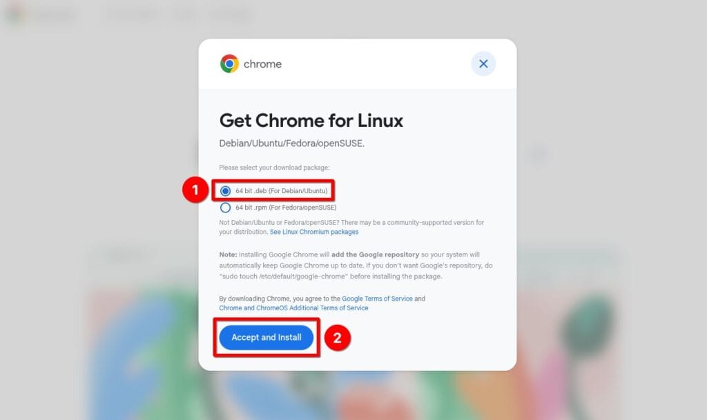 Download the Google Chrome Linux installation package for Debian.