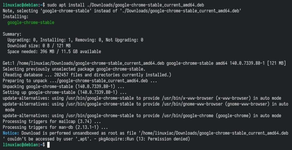 Install Google Chrome on Debian 13 from a DEB file.