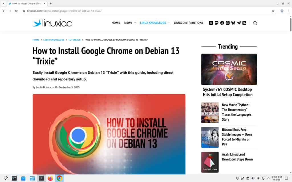 Google Chrome browser running on Debian 13 “Trixie”.