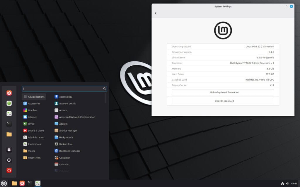 Linux Mint 22.2, successfully upgraded from Mint 22.1, is now up and running.