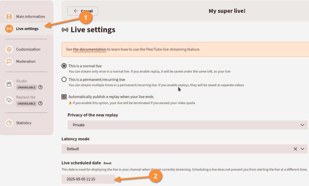 Scheduled live streams settings.