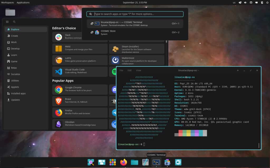Pop!_OS 24.04 LTS Beta with COSMIC Desktop.