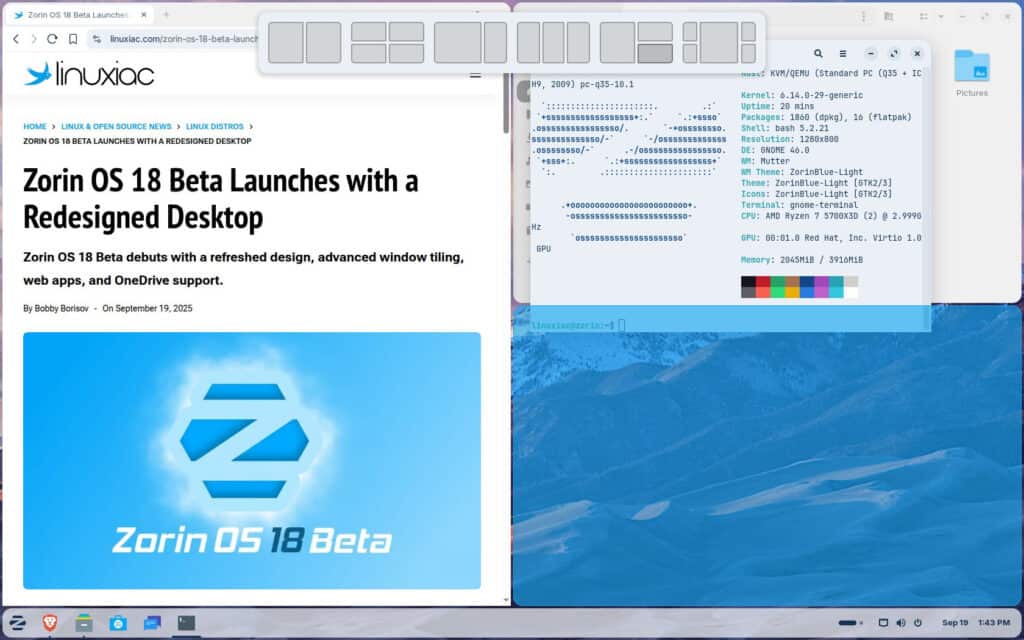 Zorin OS 18 tiling capabilities.