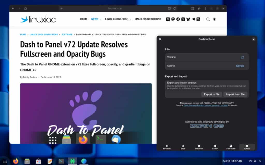 Dash to Panel v72 extension running on GNOME 49.