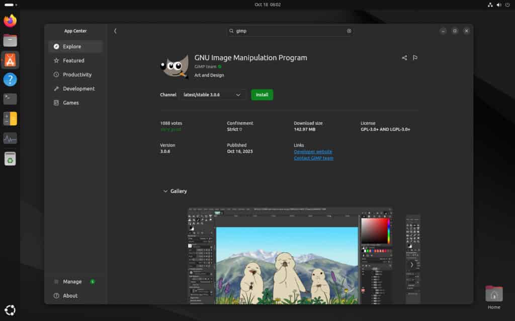 GIMP 3.0.6 on Ubuntu's Snap Store
