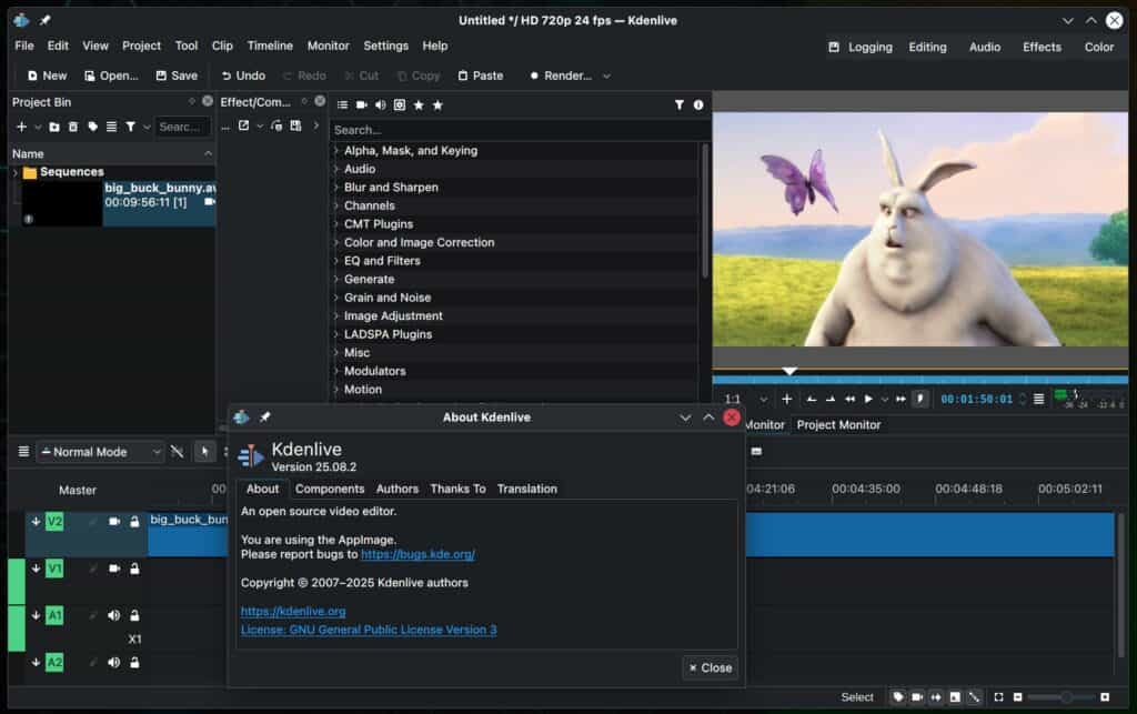 Kdenlive 25.08.2 open-source video editor.