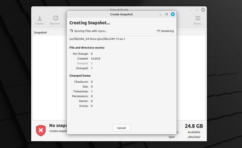 Take a system snapshot with the Timeshift app.