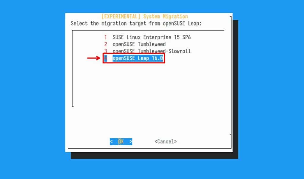 Choose the option to upgrade to Leap 16.
