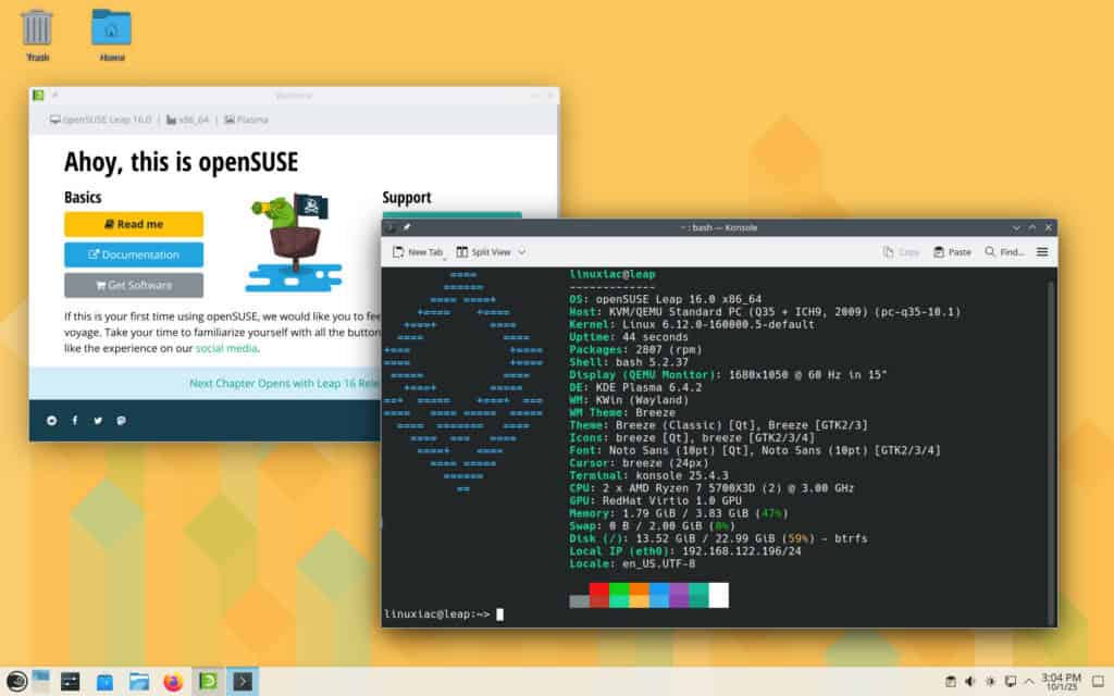 The system was successfully upgraded to openSUSE Leap 16 from Leap 15.6.