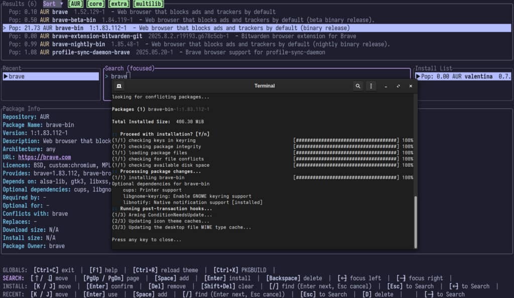 Installing a package from AUR with Pacsea.