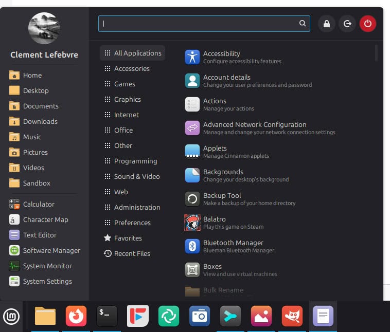 The new redesigned Cinnamon menu.
