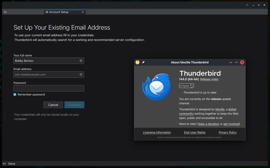 Mozilla Thunderbird 144 open-source desktop email client.