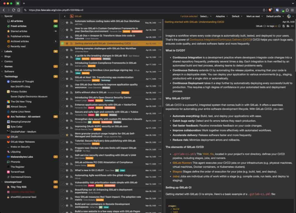 Tiny Tiny RSS  self-hosted open-source RSS reader and news aggregator.