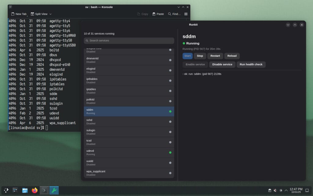 Runkit is a GUI manager for Void Linux runit services.