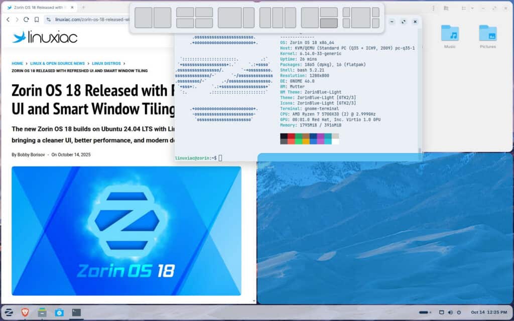 Advanced window tiling in Zorin OS 18.