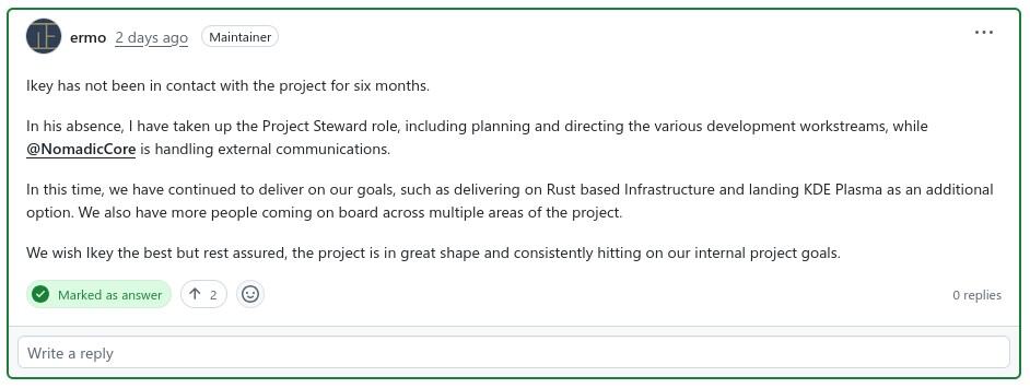 Ikey Doherty hasn’t been in contact with the project he founded for the past six months.