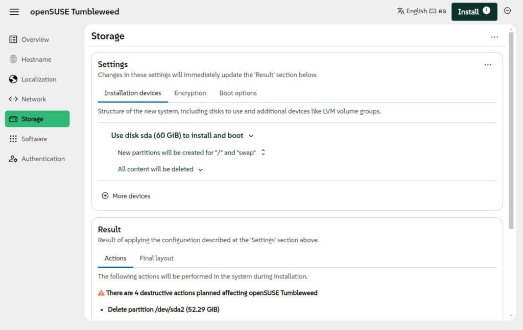 Storage configuration page in Agama Installer 18.