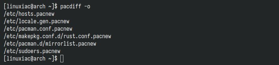 Listing the .pacnew files on the Arch Linux system.