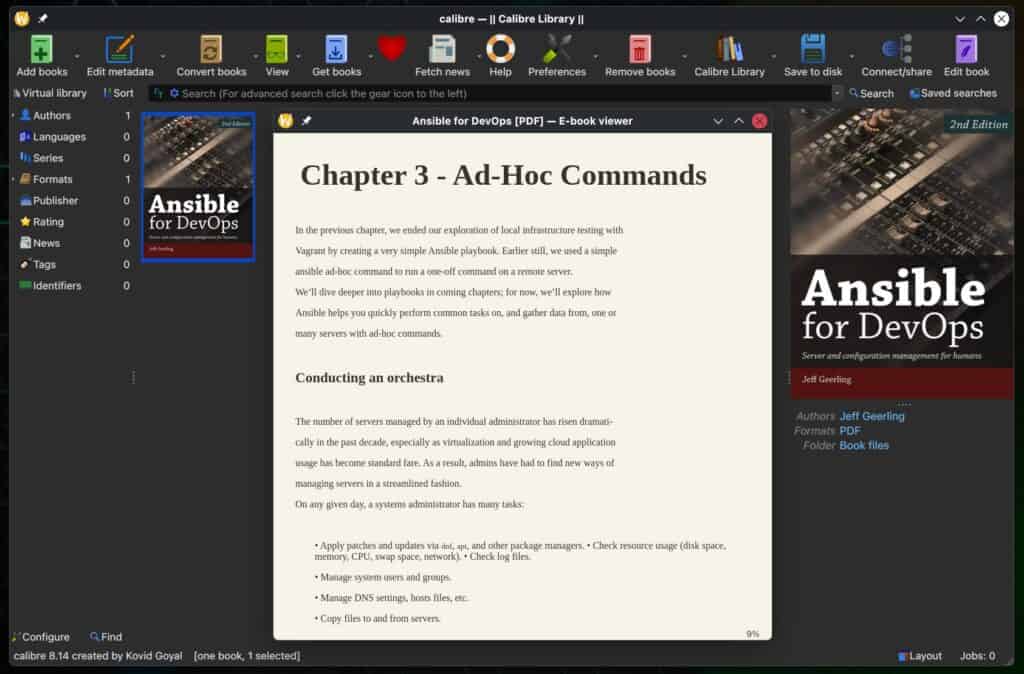 Calibre 8.14 e-book manager.
