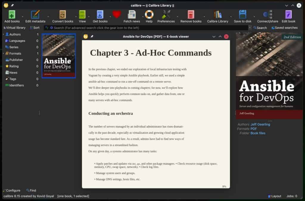 Calibre 8.15 e-book manager.