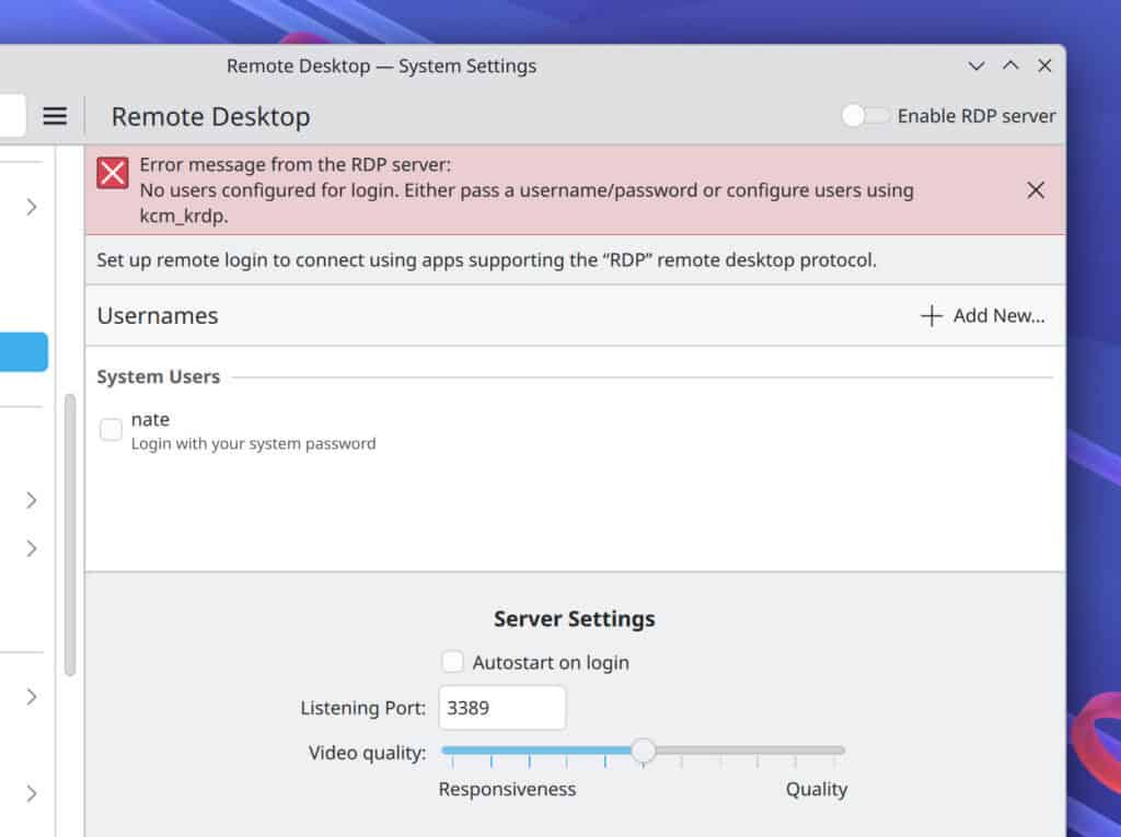 System Settings’ Remote Desktop page now displays any errors inline.