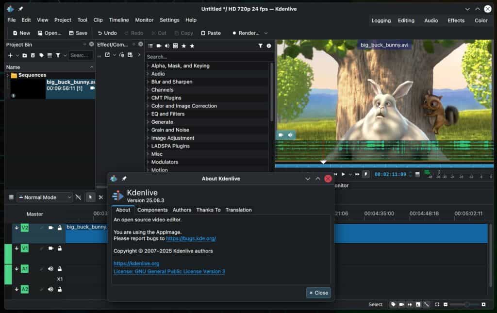 Kdenlive 25.08.3 open-source video editor.
