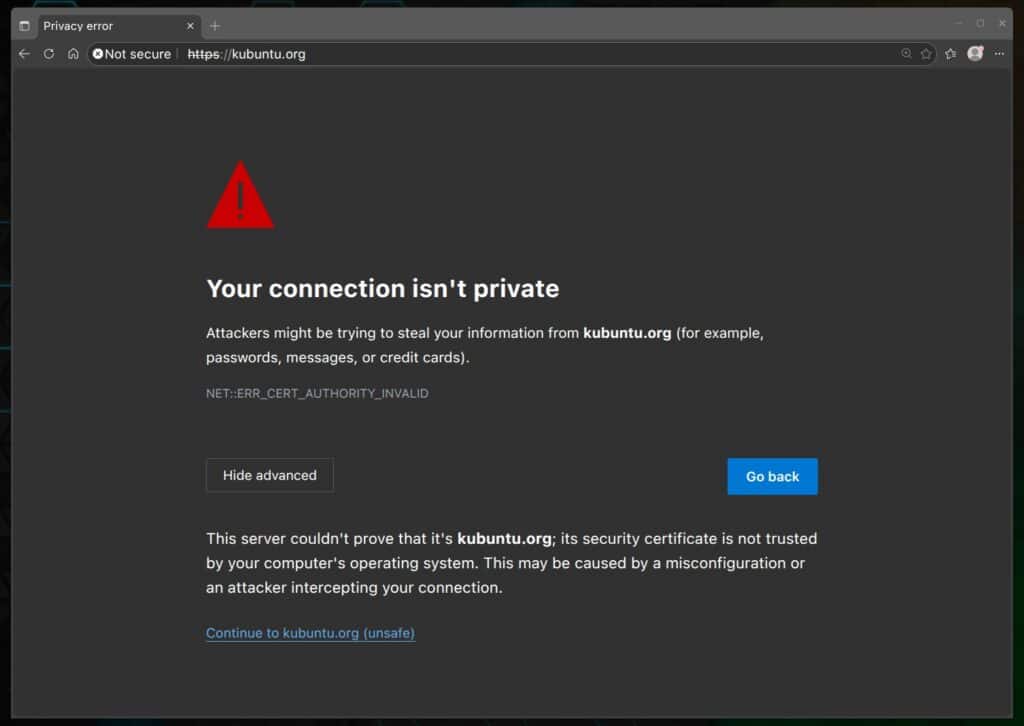 The official Kubuntu site is currently inaccessible due to an HTTPS setup issue.