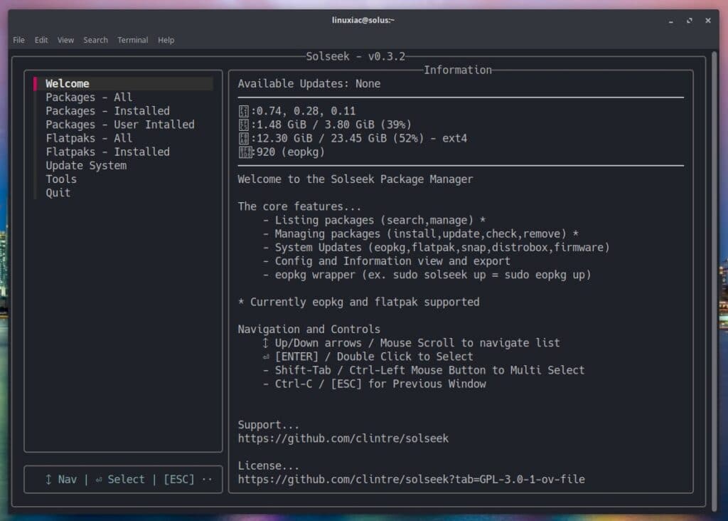 Solseek 0.3.2 - a TUI package Manager for Solus Linux.