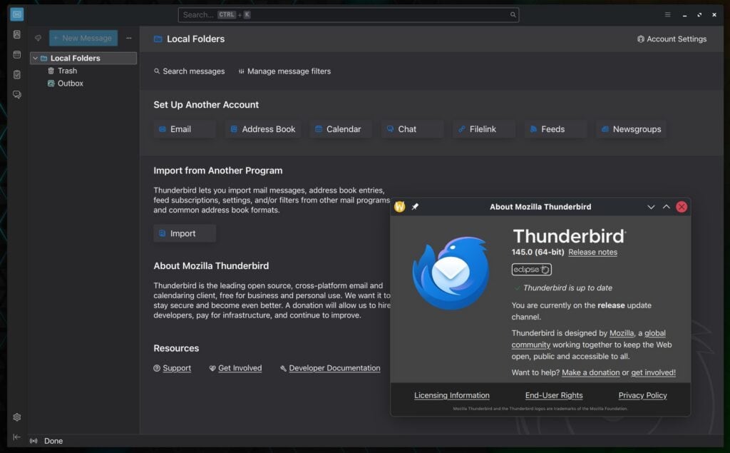 Mozilla Thunderbird 145 open-source desktop email client.