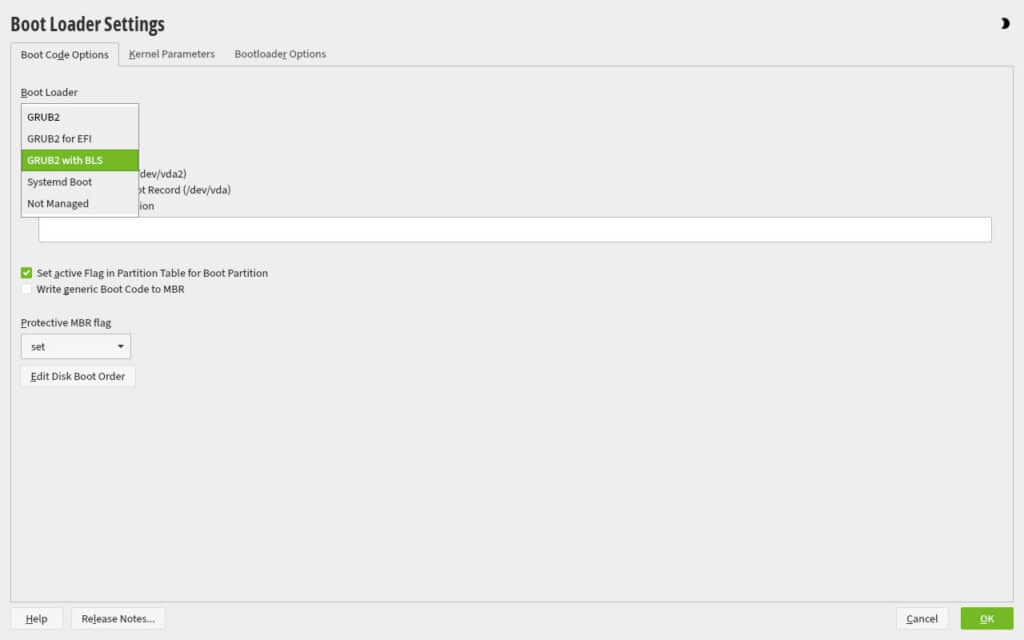 YaST allows you to select the older GRUB2 boot manager during the installation process.