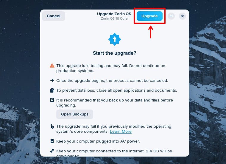Starting the upgrade process to Zorin 18.