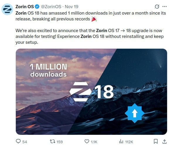 Zorin OS 18 hits 1 million downloads.