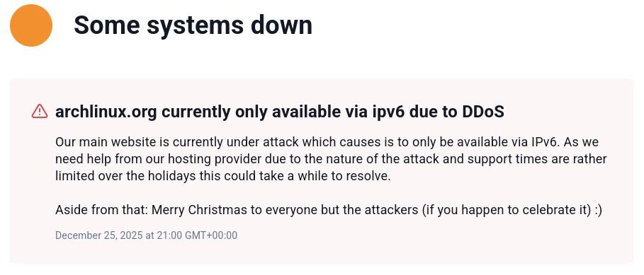 DDoS атаки на сайт Arch Linux, наразі доступний тільки через IPv6.