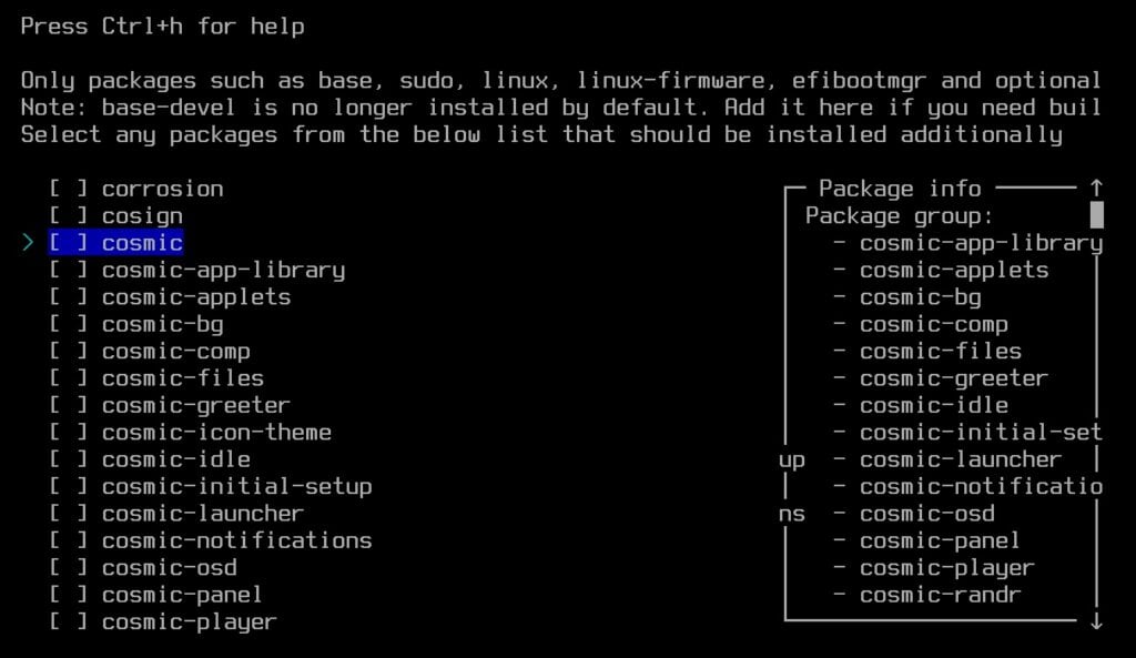 Archinstall 3.0.15 introduces COSMIC desktop support.