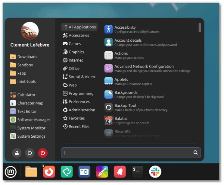 The new Linux Mint menu.