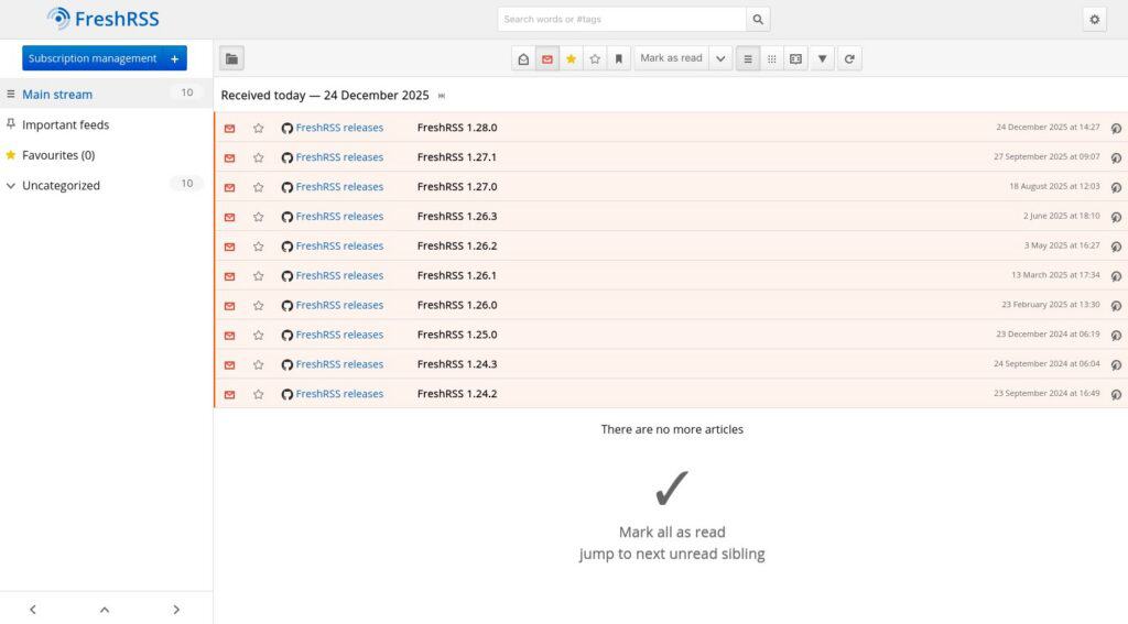 FreshRSS 1.28 self-hosted RSS feed aggregator.