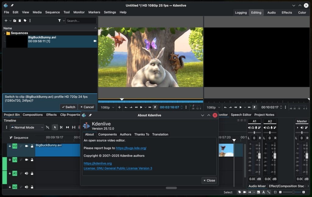 Kdenlive 25.12 video editor.
