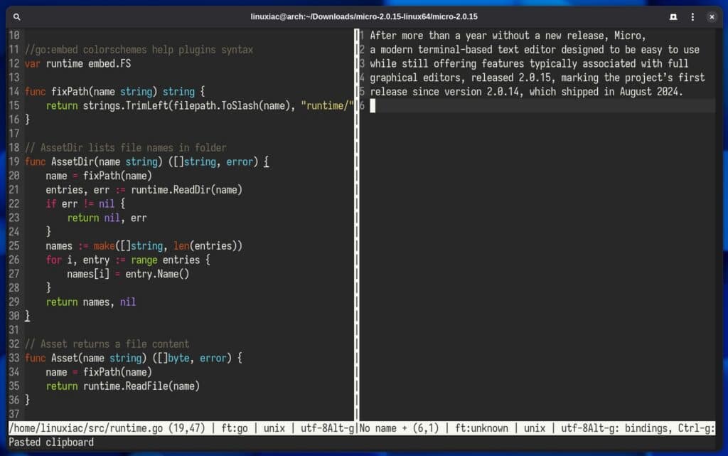 Micro 2.0.15 Terminal Text Editor