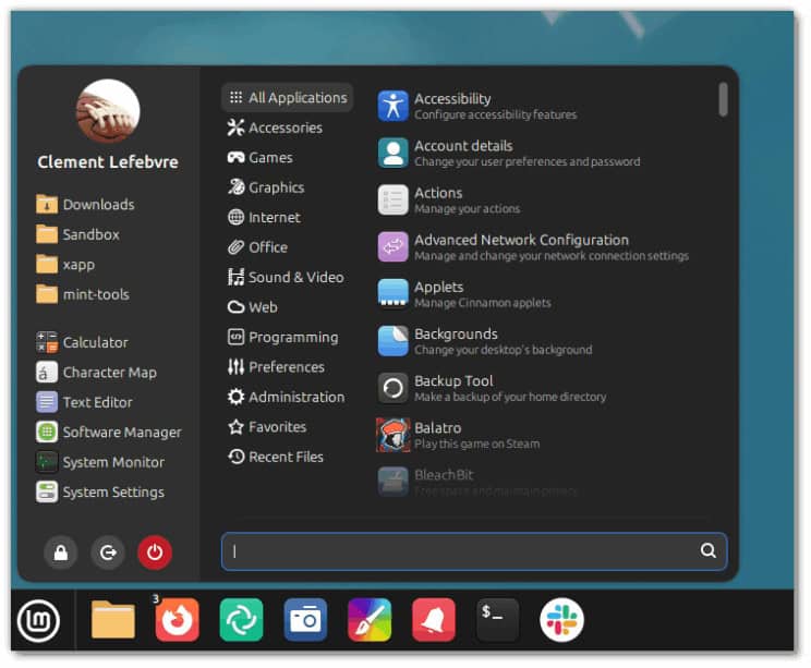 The new Linux Mint menu.