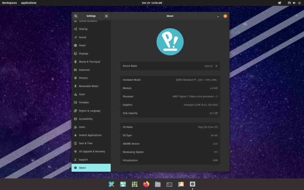 The fully upgraded Pop!_OS 22.04 LTS before starting the upgrade to Pop!_OS 24.04 LTS.