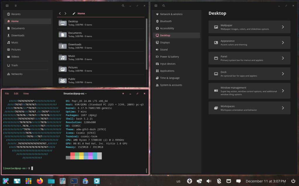 COSMIC desktop tiling layout.