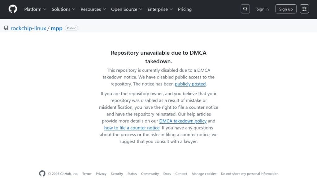 GitHub відключив репозиторій Rockchip Linux MPP через DMCA.